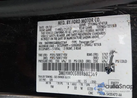 2011 Mercury Milan Premier z USA, uszkodzony, nr VIN 3MEHM0CG8BR602369